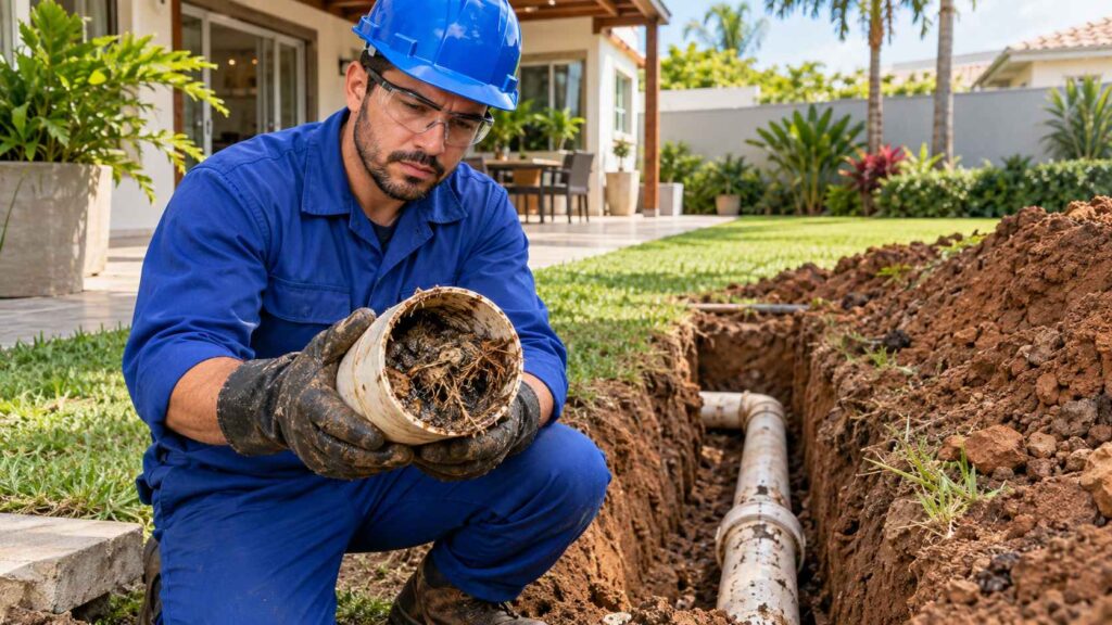 Técnico inspeciona cano de esgoto entupido