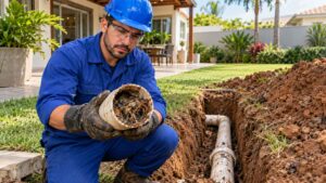 Técnico inspeciona cano de esgoto entupido